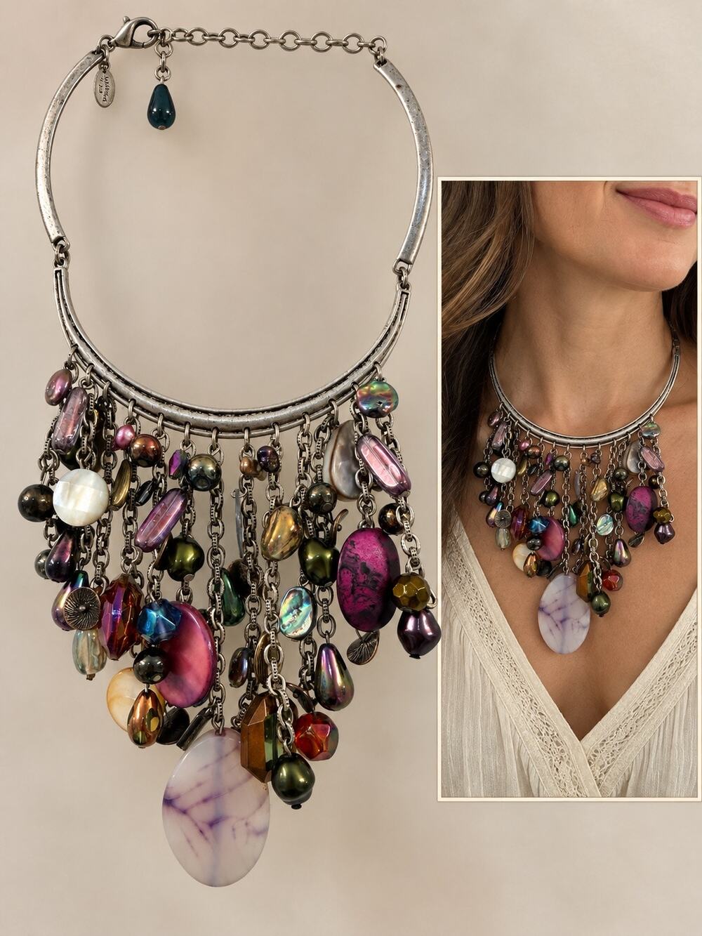 Vintage 1990’s Chico’s Multicolor Beaded Bib Statement Necklace Silver Boho tag